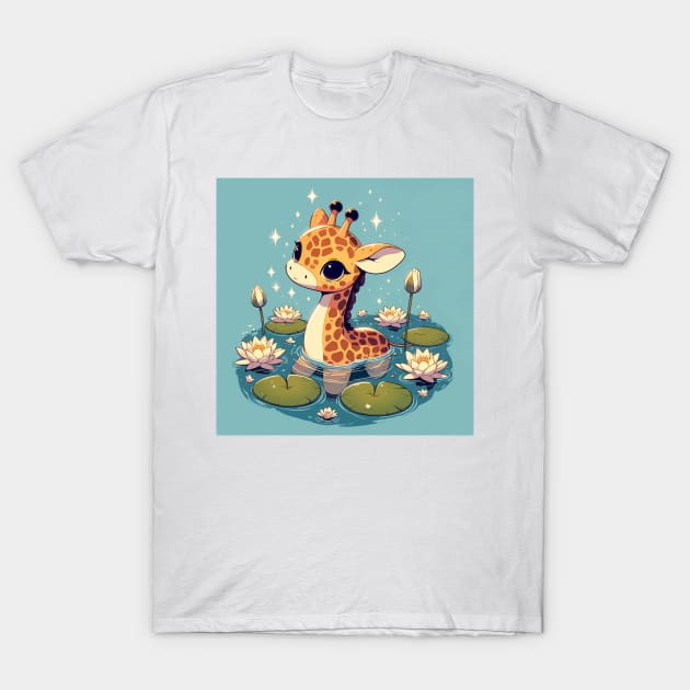 Kawaii Anime Giraffe Bath With Water Lily T-Shirt by TomFrontierArt